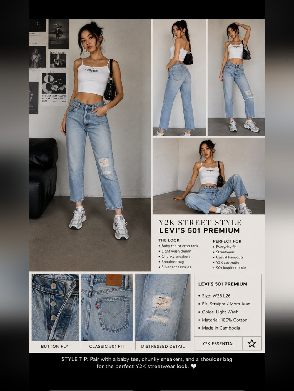 Levi's Light Blue Straight Leg Jeans with Distressed Knee Yzk Cropped Mom Jeans